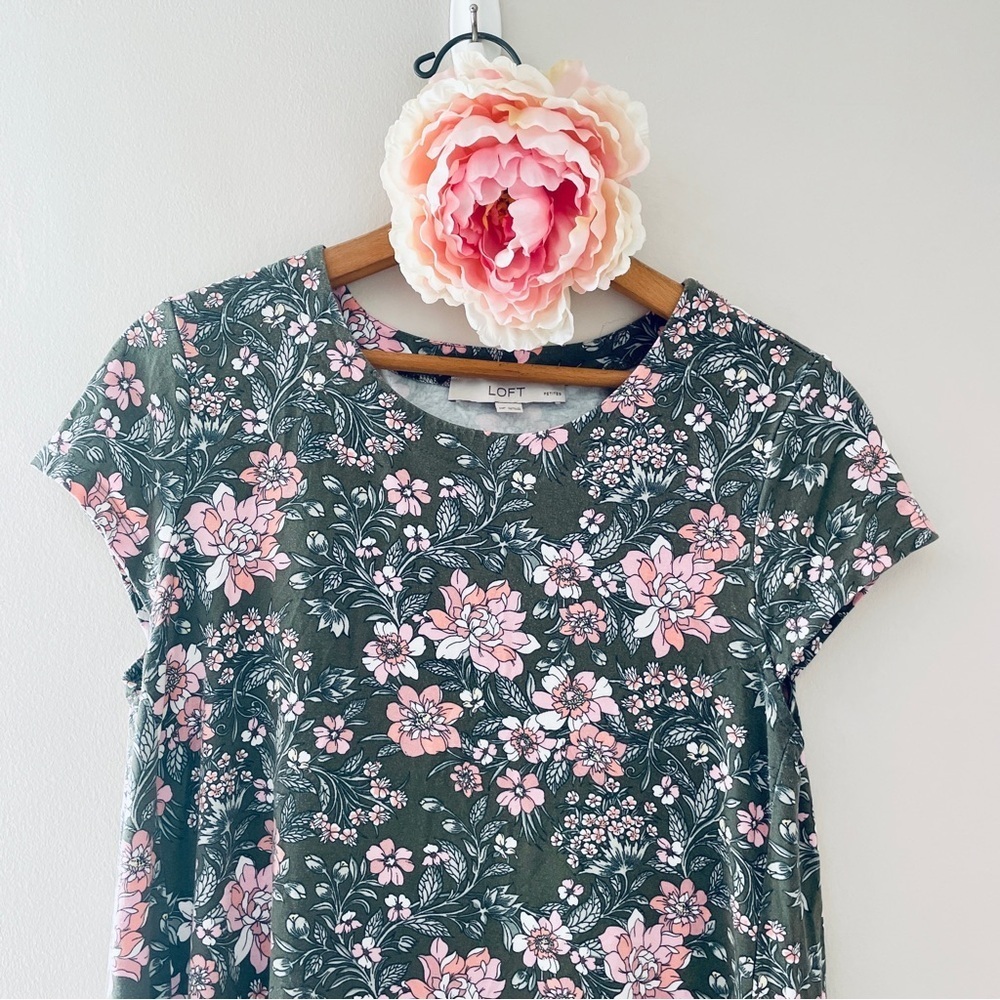 LOFT Floral Tee Shirt T-shirt Dress Green MP Medium Petite - Picture 3 of 7